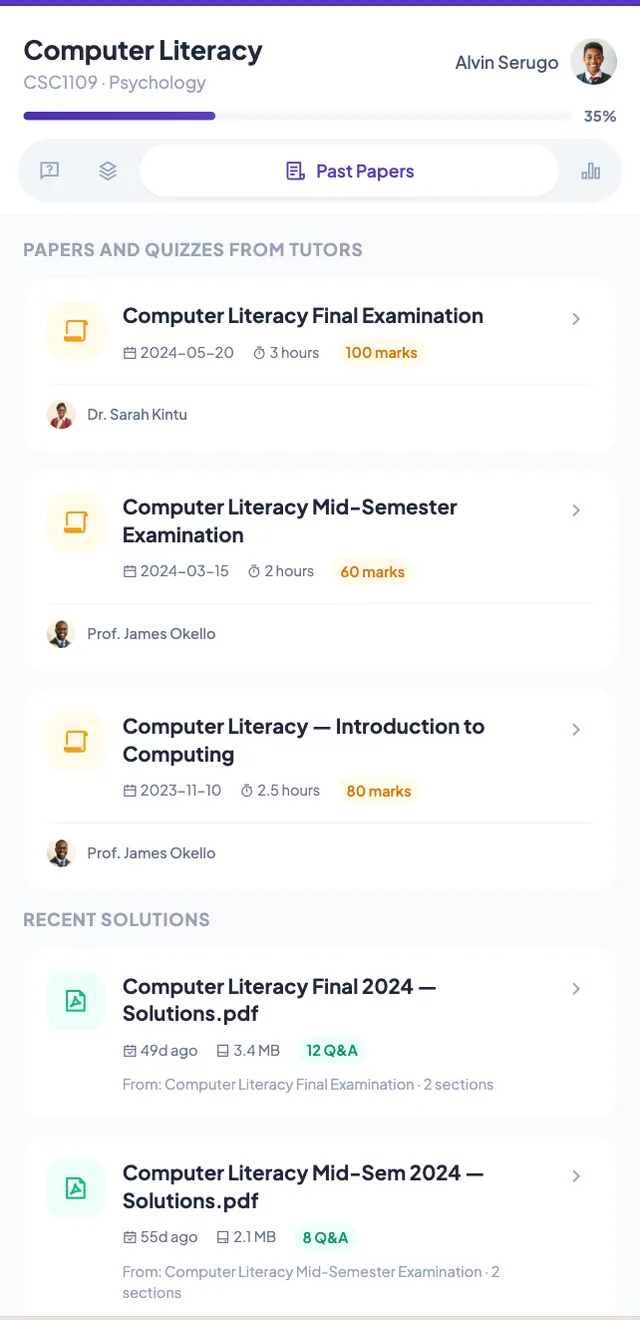 A course unit open on its past papers tab, listing previous
                     exam papers available to download.