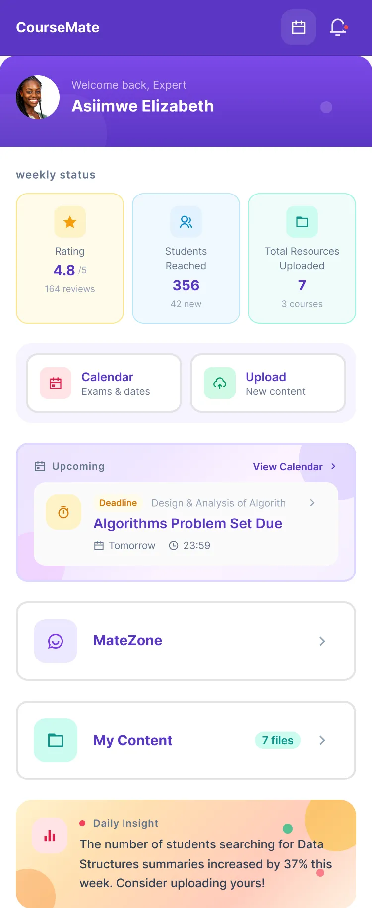 The Student Expert dashboard: a 4.8 rating from 164 reviews,
                   356 students reached, 7 resources uploaded, and a daily
                   insight suggesting what to upload next.