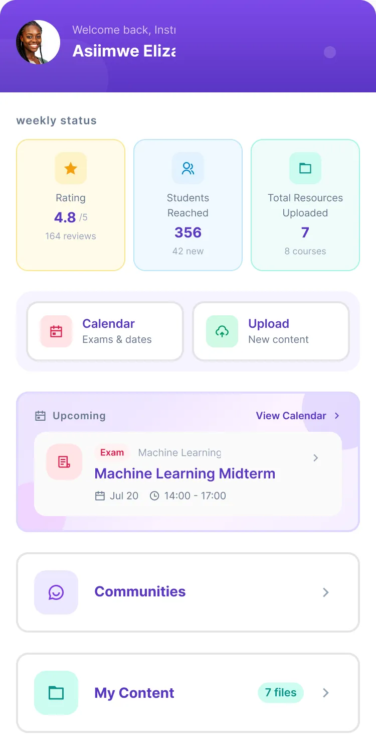 The instructor dashboard: a 4.8 rating from 164 reviews, 356
                   students reached, 7 resources across 8 courses, an upcoming
                   exam, and a daily insight on what students are searching for.