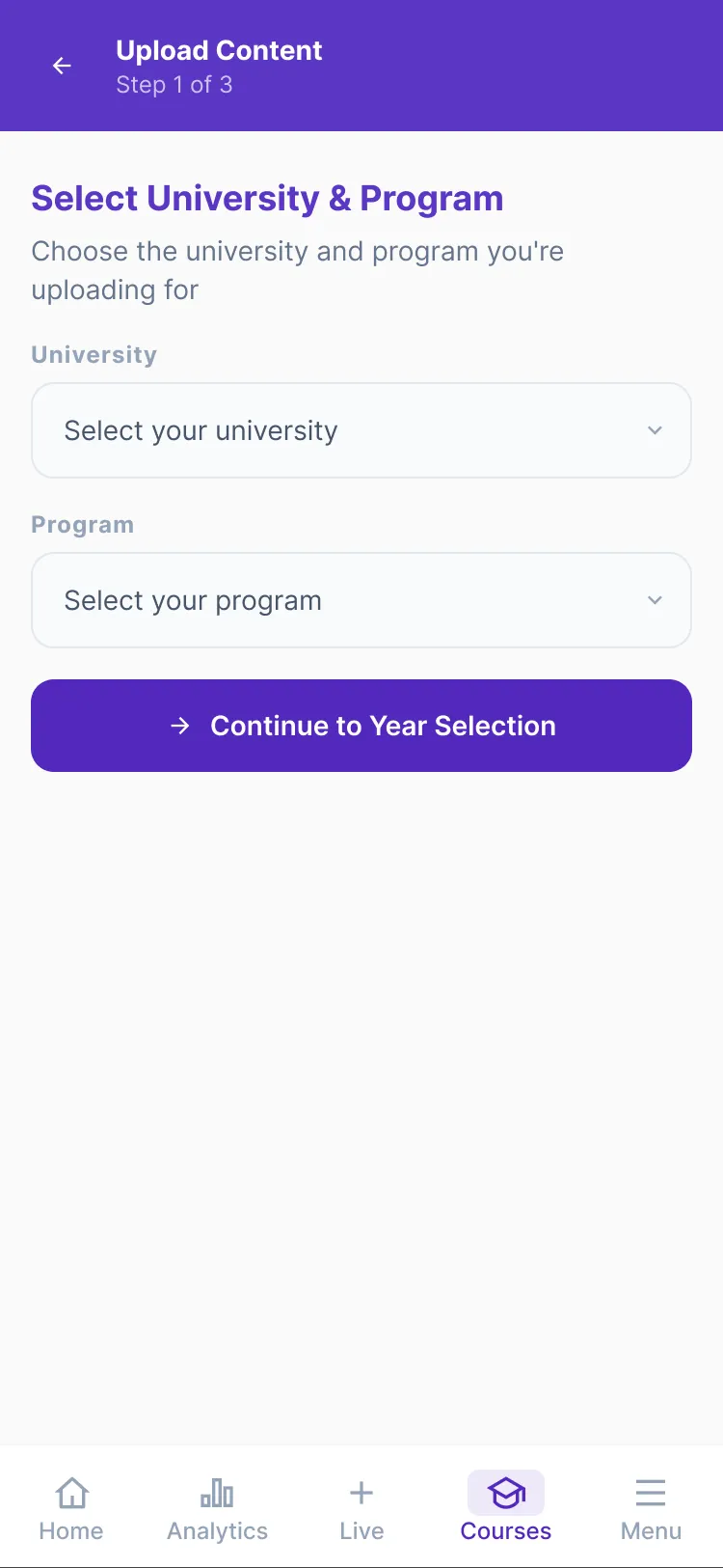 Upload Content step 1 of 3: select the university and
                     programme you are uploading for.